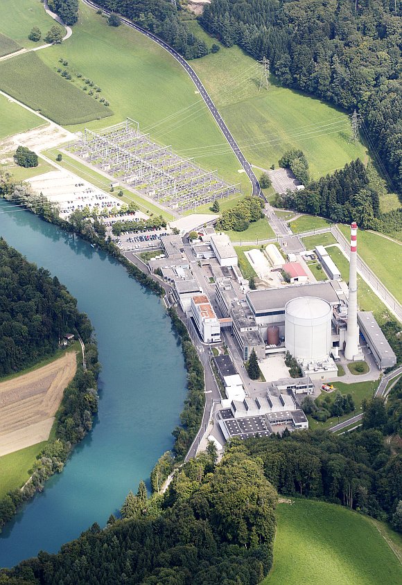 A general aerial shows the Swiss nuclear power plant Muehleberg of Swiss energy company BKW in Muehleberg