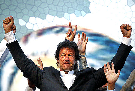 Imran Khan at a political rally organised by his party, the Pakistan Tehrik-e-Insaf in Lahore