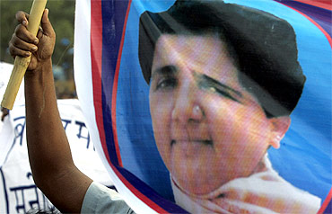 Uttar Pradesh Chief Minister Mayawati on a Bahujan Samaj Party flag