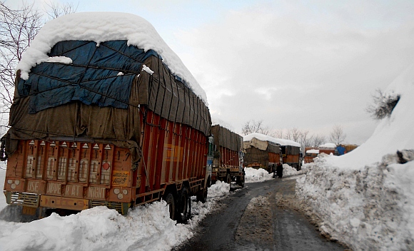 Stranded goods trucks near Jawahar Tunnel