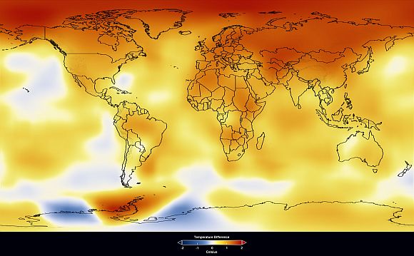 This colour-coded interpretation of the GISS data was produced by NASA's Goddard Scientific Visualisation Studio as part of a long-term progression of changing global surface temperature anomalies, from 1881 to 2009. This frame represents global temperature anomalies averaged from 1999 to 2009. Dark red indicates the greatest warming and dark blue indicates the greatest cooling