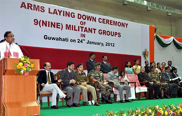 P Chidambaram speaks at the arms laying down ceremony in Guwahati