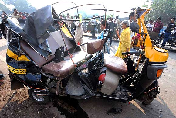 A completely wrecked autorickshaw