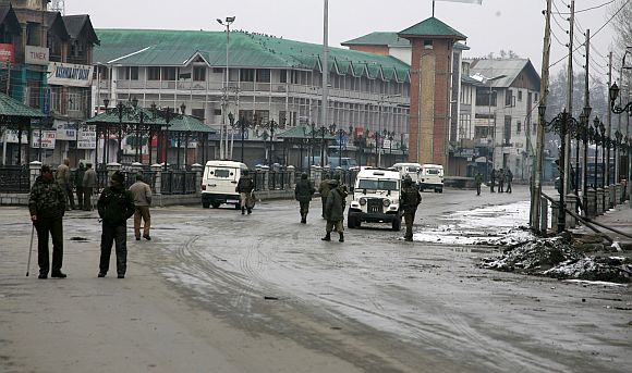 Security personnel patrol the Lal Chowk locality