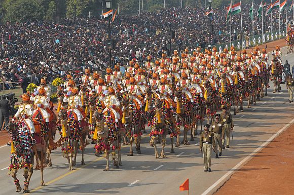 Border Security Force camel contingent passes through the Rajpath