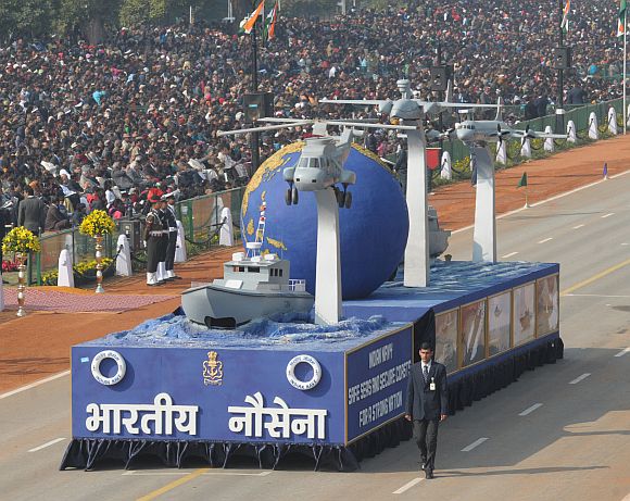 Tableau of 'Indian Navy -Safe Seas and Secure Coasts for a Strong Nation' passes through the Rajpath