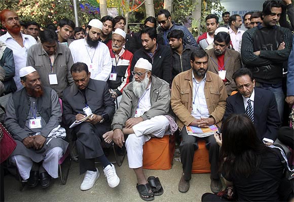 Members of Islamic organisations before Salman Rushdie's video link was to be aired at Jaipur, January 24. It was later cancelled.