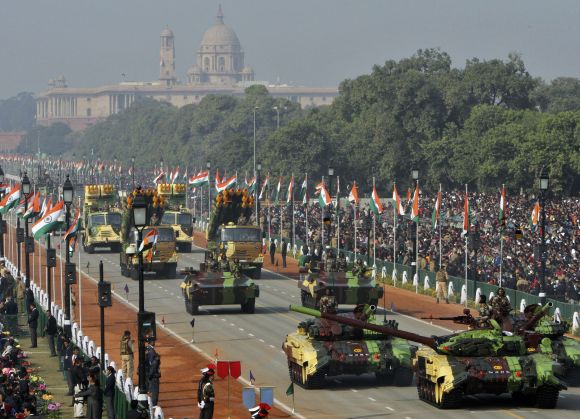 The Indian Army's T-72 Ajeya tanks take part in the Republic Day parade in New Delhi on Thursday