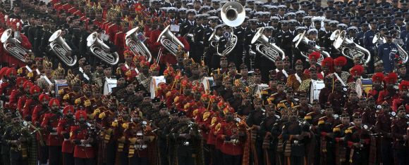 Bands of the Indian military sound the retreat during the Beating the Retreat ceremony in New Delhi