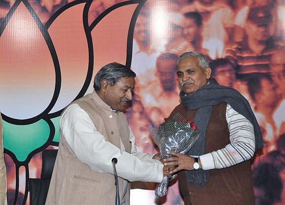 Babu Singh Kushwaha (right) with BJP National Vice President Vinay Katiyar at 11, Ashok Road, New Delhi