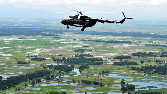 PM's helicopter surveys the flood-affected districts of Assam on Monday