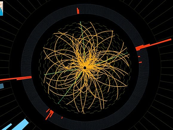 A rendering from the LHC that might represent a decaying Higgs boson