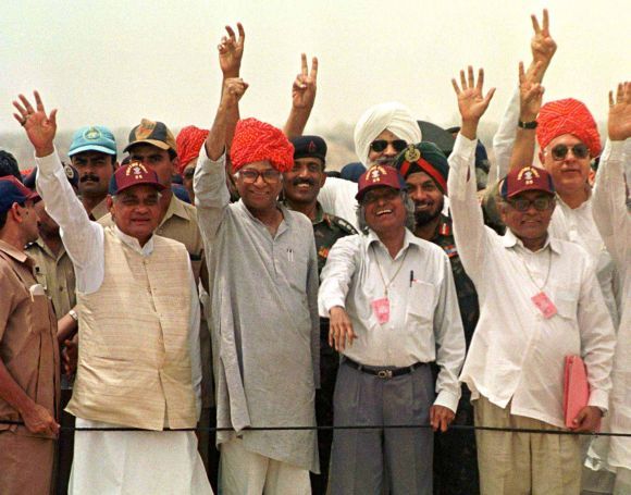From right, Dr Farooq Abdullah, then Union minister; R Chidamabaram, then chairman, Atomic Energy Commission; A P J Abdul Kalam, then chief scientific advisor to the prime minister; then defence minister George Fernandes, then prime minister Atal Bihari Vajpayee and others celebrate the successful nuclear tests, May 1998.