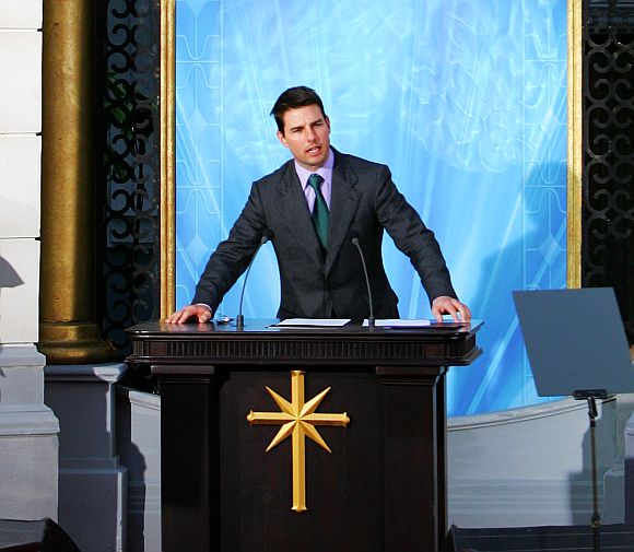 Tom Cruise delivers a speech at the opening of a Scientology church in Madrid