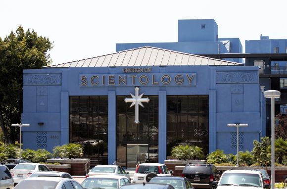 Cars are parked outside the Church of Scientology in Los Angeles