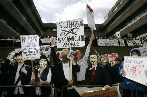 Protesters hailing from a group named 'Anonymous' demonstrate outside the Church of Scientology in London
