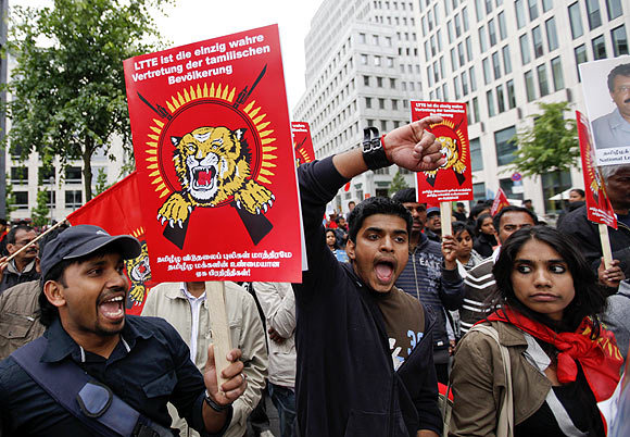 Supporters of Liberation Tigers of Tamil Eelam take part in a protest in Berlin