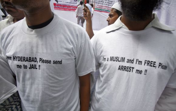 Members of a Muslim organisation take part in a protest rally in New Delhi