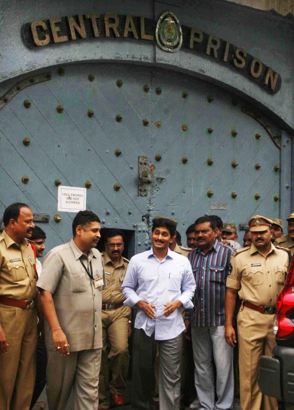 Jaganmohan Reddy steps out of Hyderabad's Chanchalguda Central Prison to cast his vote in the presidential election at AP assembly on Thursday