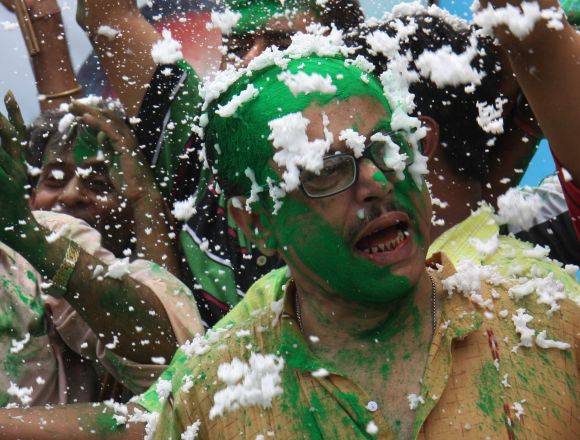 Congress supporters erupt into celebrations in Kolkata on Thursday