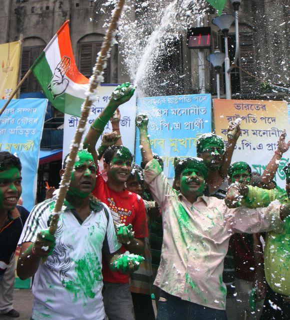 Congress workers in celebration mode in Kolkata as Pranab Mukherjee inches closer to becoming the first Bengali President of India