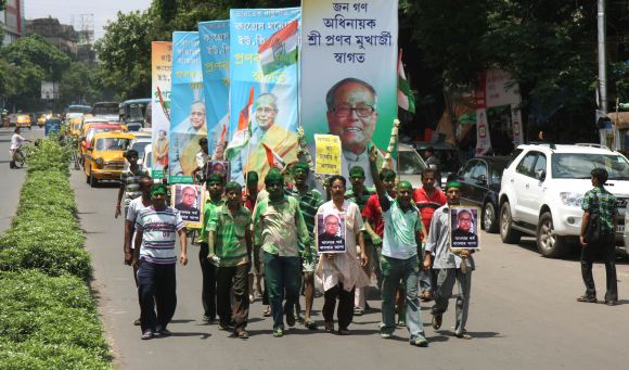 Congress supporters take out a procession in Kolkata to congratulate Pranab Mukherjee
