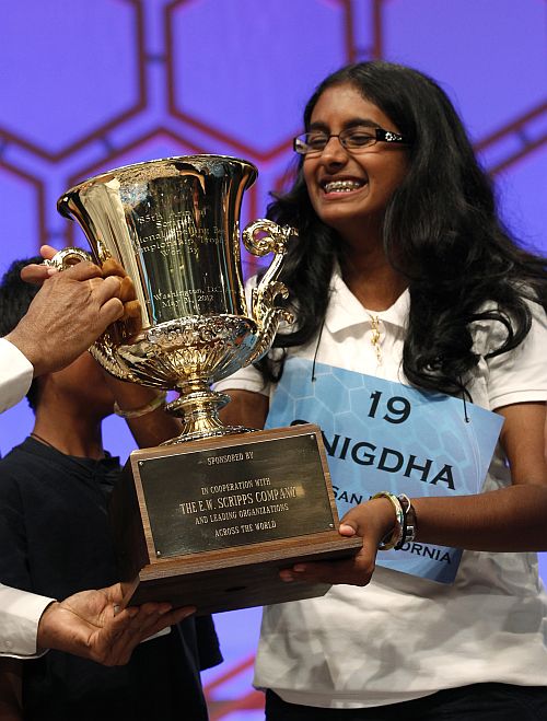 Snigdha with her Scripps National Spelling Bee trophy
