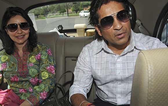 Tendulkar with his wife Anjali at the Parliament