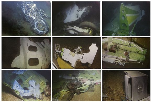 A combo image shows underwater photos of parts of the Ethiopian Airlines plane which crashed into the Mediterranean sea on January 25, 2010, during a news conference held by Lebanon's Minister of Public Works and Transport Ghazi Aridi at Beirut international airport, February 11, 2010.