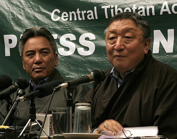 (left to right) Kelsang Gyaltsen and Lodi Gyari, former special envoys of Tibetan spiritual leader, the Dalai Lama, address a news conference after they returned from Beijing, in Dharamsala