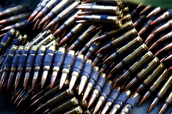 Machine gun ammunition is displayed at the window of a one of the bunkers at the Observing Post Mace in eastern Afghanistan Kunar province, near the border of Pakistan