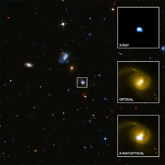 The galaxy at the centre of this image contains an X-ray source, CID-42, with exceptional properties. After combining data from several telescopes -- including NASA's Chandra X-ray Observatory -- researchers think that CID-42 contains a massive black hole being ejected from its host galaxy at several million miles per hour.
