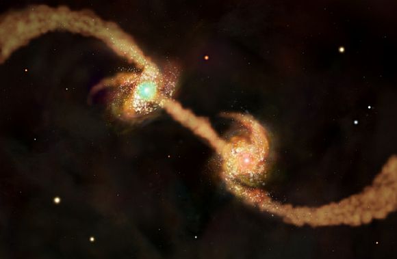 This illustration shows two spiral galaxies -- each with supermassive black holes at their centre -- as they are about to collide. The latest Chandra results suggest that such collisions may cause extreme black hole and galaxy growth in the early Universe, setting the stage for the birth of quasars