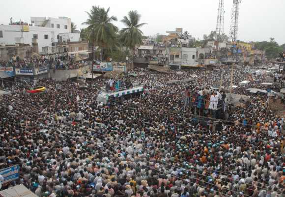 Supporters of YSR Congress gather at a rally addressed by Vijayamma