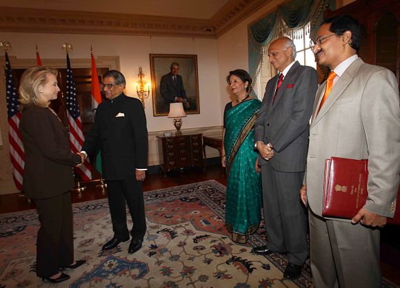 Foreign Minister Krishna greets Hillary Clinton at the beginning of the strategic dialogue in Washington, DC