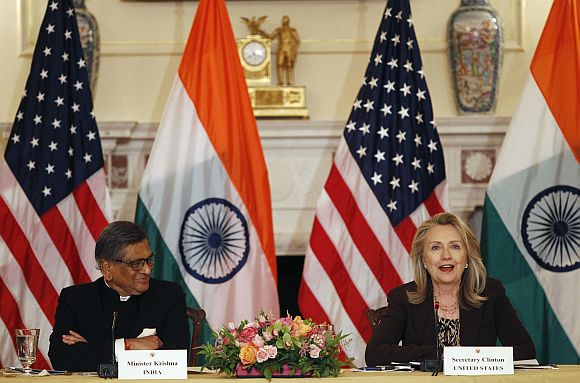 Secretary of State Clinton and Foreign Minister Krishna deliver opening remarks during the US-India Strategic Dialogue in Washington, DC