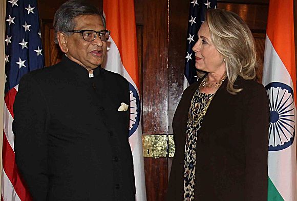 Foreign Minister Krishna speaks to his US counterpart Hillary Clinton at the beginning of the strategic dialogue in Washington, DC