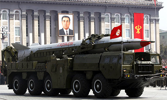 A rocket is carried by a military vehicle during a military parade to celebrate the centenary of the birth of Kim Il-sung in Pyongyang