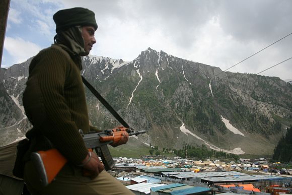 Paramilitary personnel on guard at the Baltal base camp