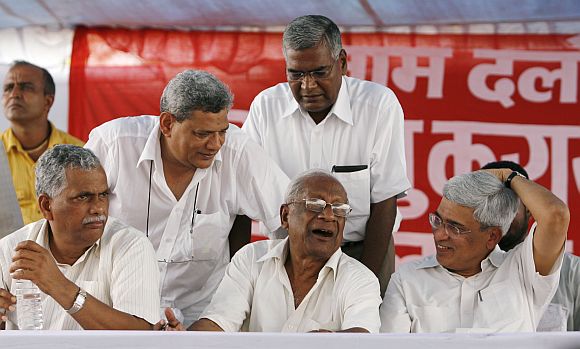 Senior Communist leaders Debabrata Biswas, Sitaram Yechury, A B Bardhan, D Raja and Prakash Karat during a rally in New Delhi in July, 2008.
