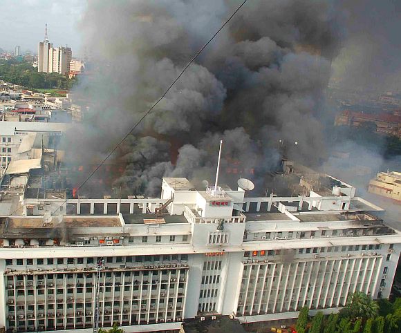 A huge billow of smoke can be seen emanating as major blaze engulfed the Mantralaya building in Mumbai on Thursday