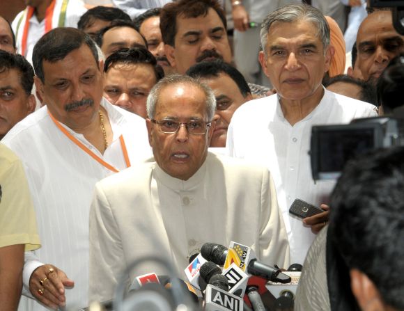 Pranab Mukherjee addressing the media after filing the nomination papers for the Presidential Election, in New Delhi