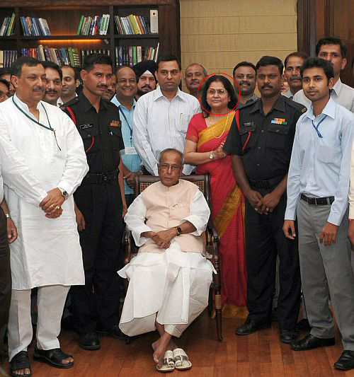 Pranab Mukherjee with his finance ministry team on his last day in office. (Circled) Omita Paul