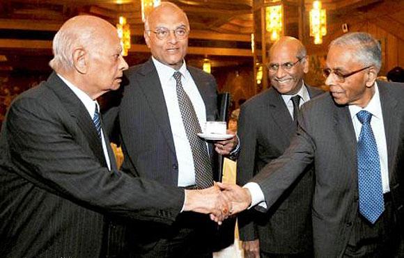 (From L-R) Former NSA Brajesh Mishra, NSA Shivshankar Menon, former foreign secretary Shayam Saran, former NSA M K Narayanan