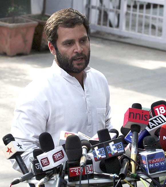 Rahul Gandhi talks to the media after the UP poll debacle