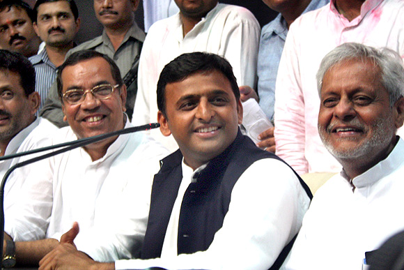 Leaders of Samajwadi Party celebrate their victory in Lucknow