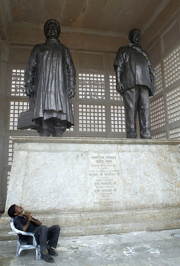 Bronze statues of Mayawati and Kanshi Ram, founder of the Bahujan Samaj Party, in Lucknow