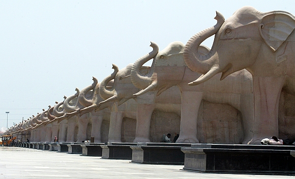 Statues of elephants, the Bahujan Samaj Party electoral symbol, inside the Ambedkar memorial park in Lucknow