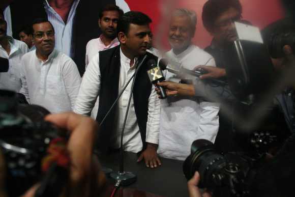 The Samajwadi Party's Akhilesh Yadav talks to the media after the Uttar Pradesh win