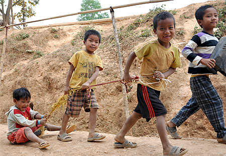 Children displaced from their homes by the conflict, at a settlement in Moreh, Chandel district, Manipur